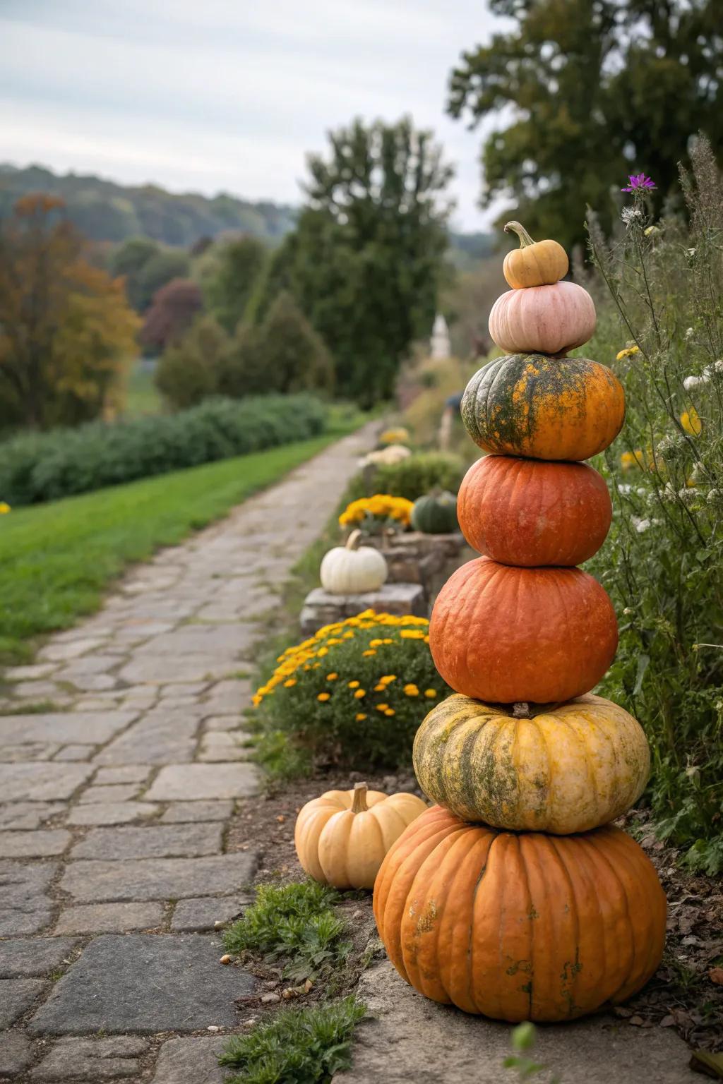 Design a striking focal point with a towering multi-pumpkin masterpiece.