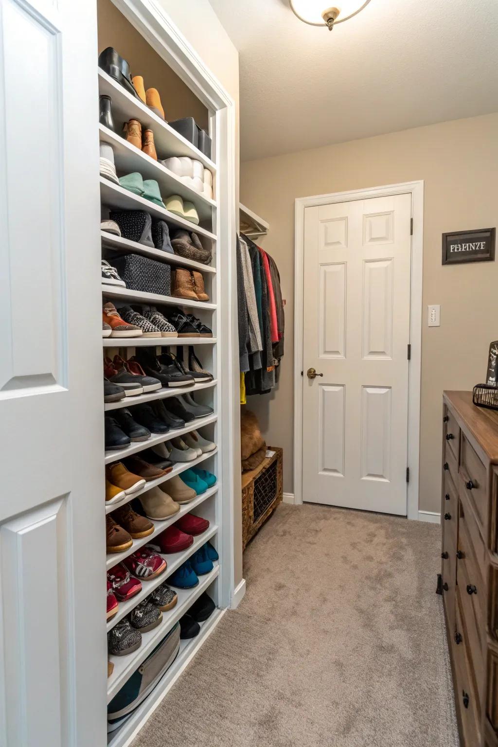 A footwear rack in a corridor closet for systematic and nearby shoes.