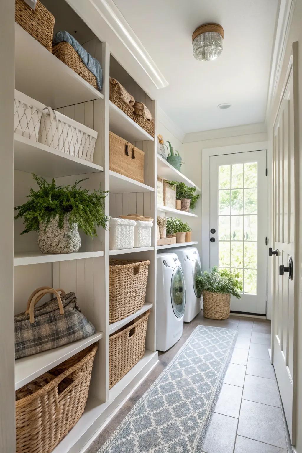Visible shelving contributes function and charm to a corridor washing zone.