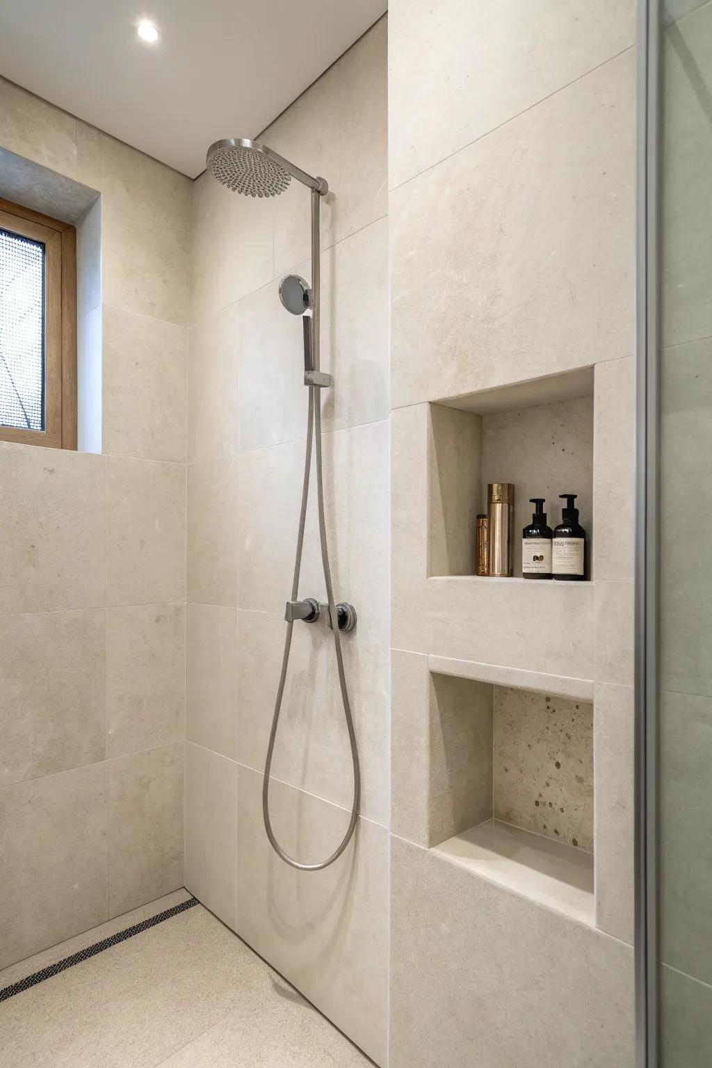 A wall indentation grants a smooth facade for your hand shower.