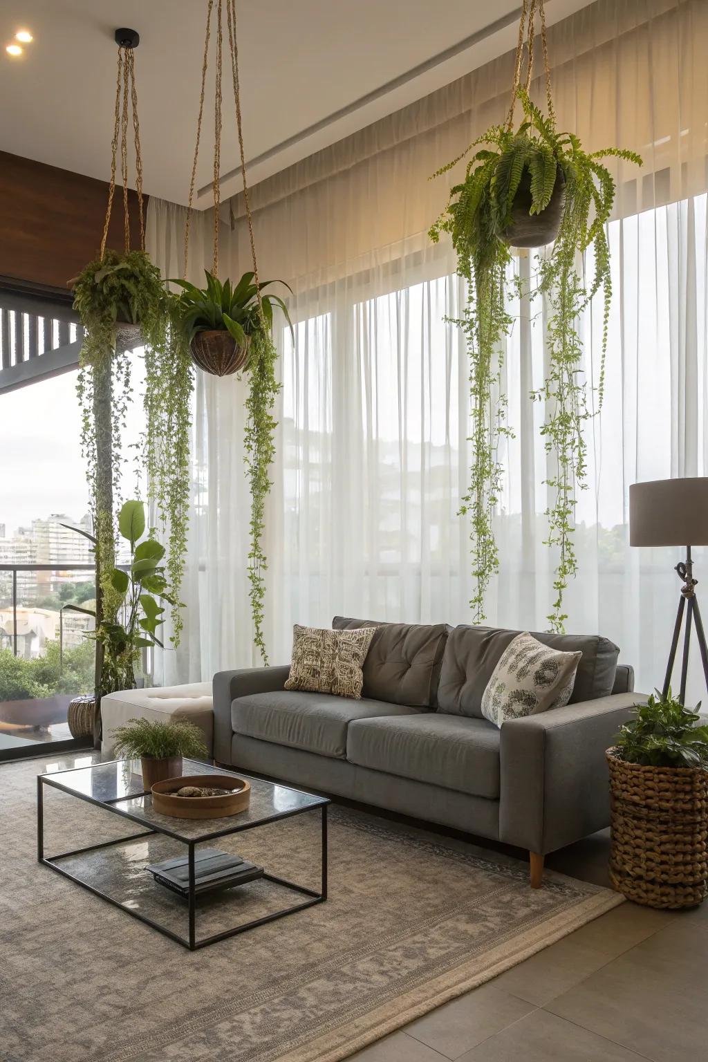 Revitalize your living room with hanging plants.