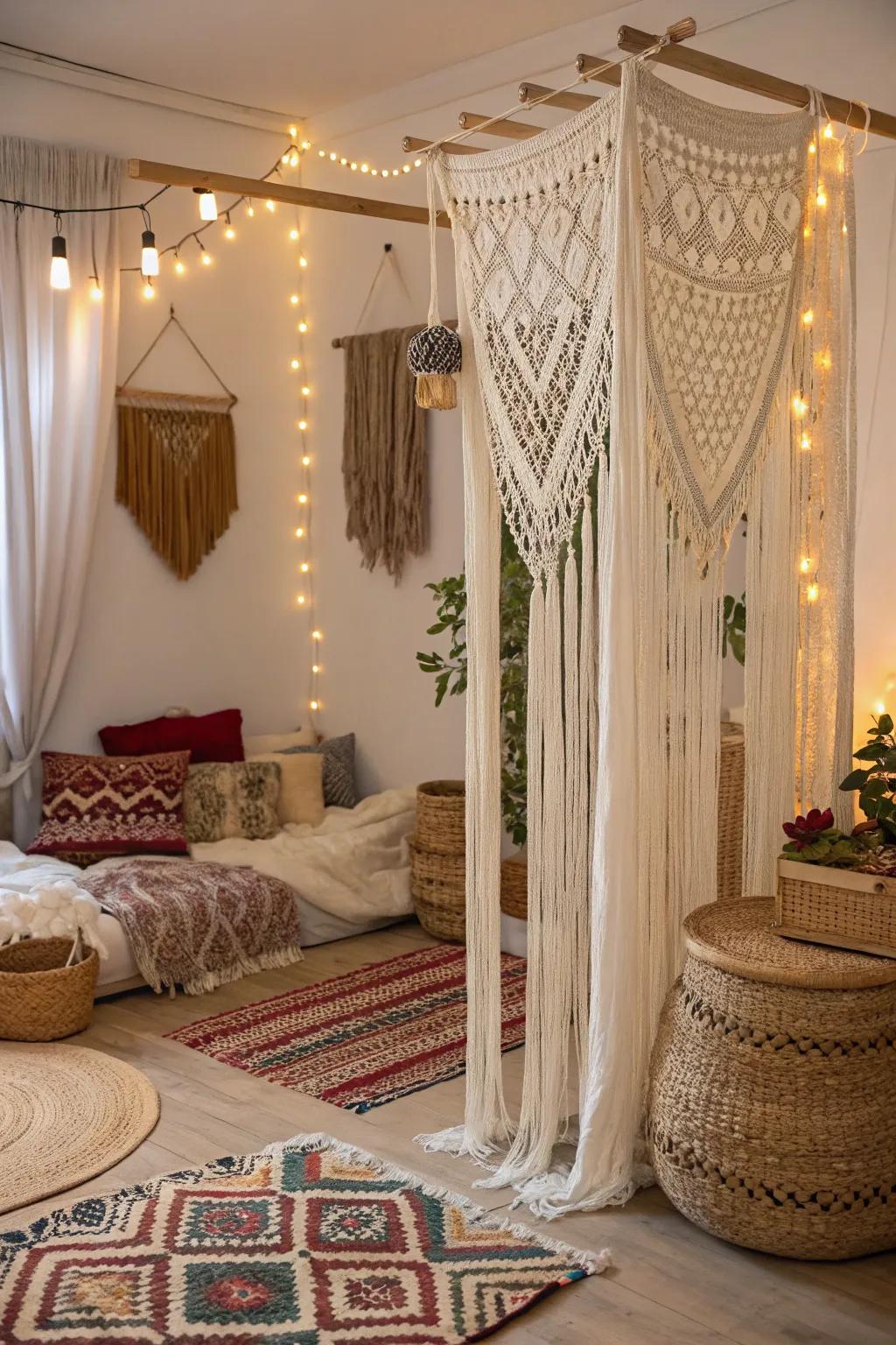 Macramé curtains craft a relaxed, artistic atmosphere.