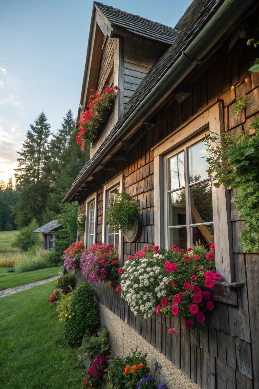 Window gardens add countryside charm and a pop of color.