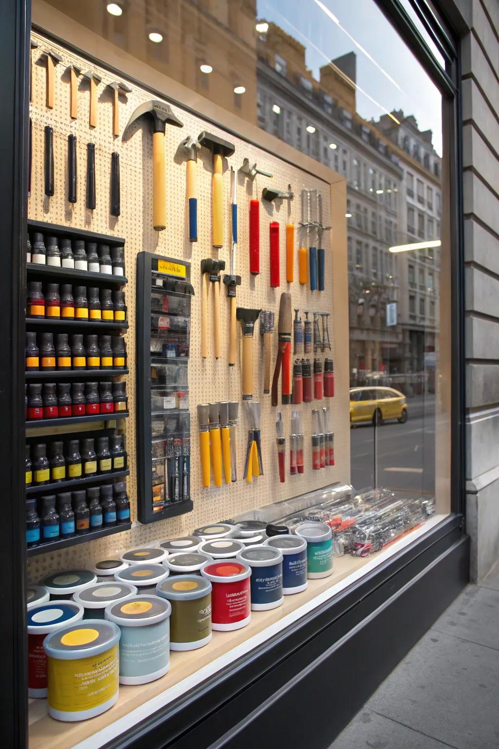 A striking window display underscoring implements and inventive placements.
