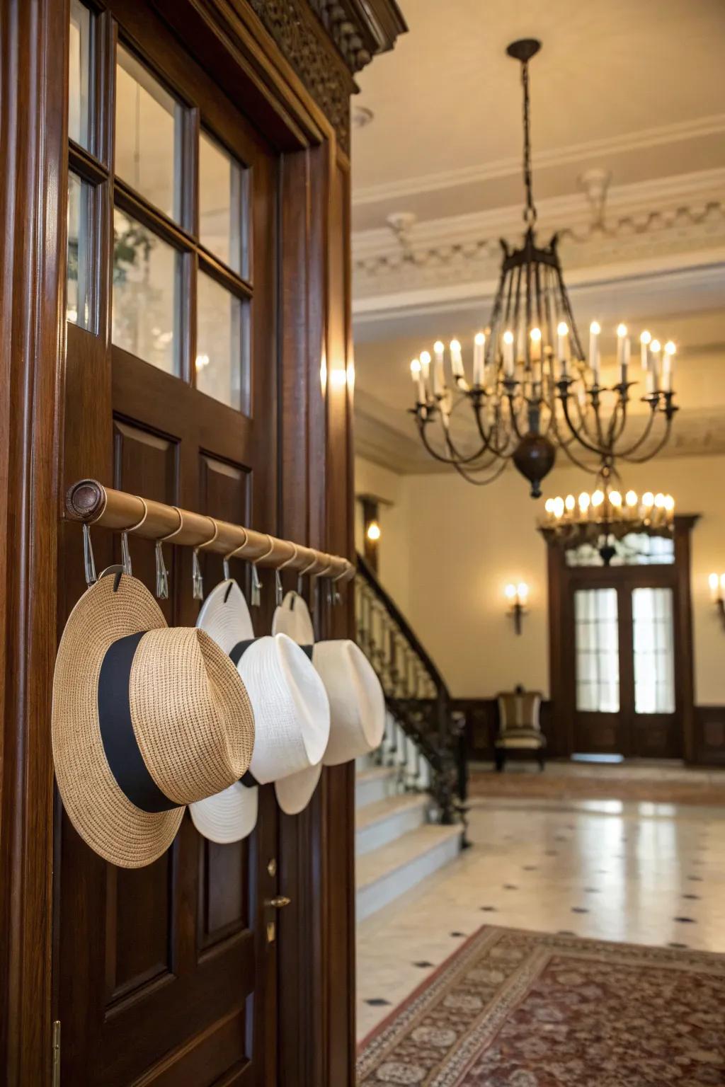 Hats dangling from a rod with clips.
