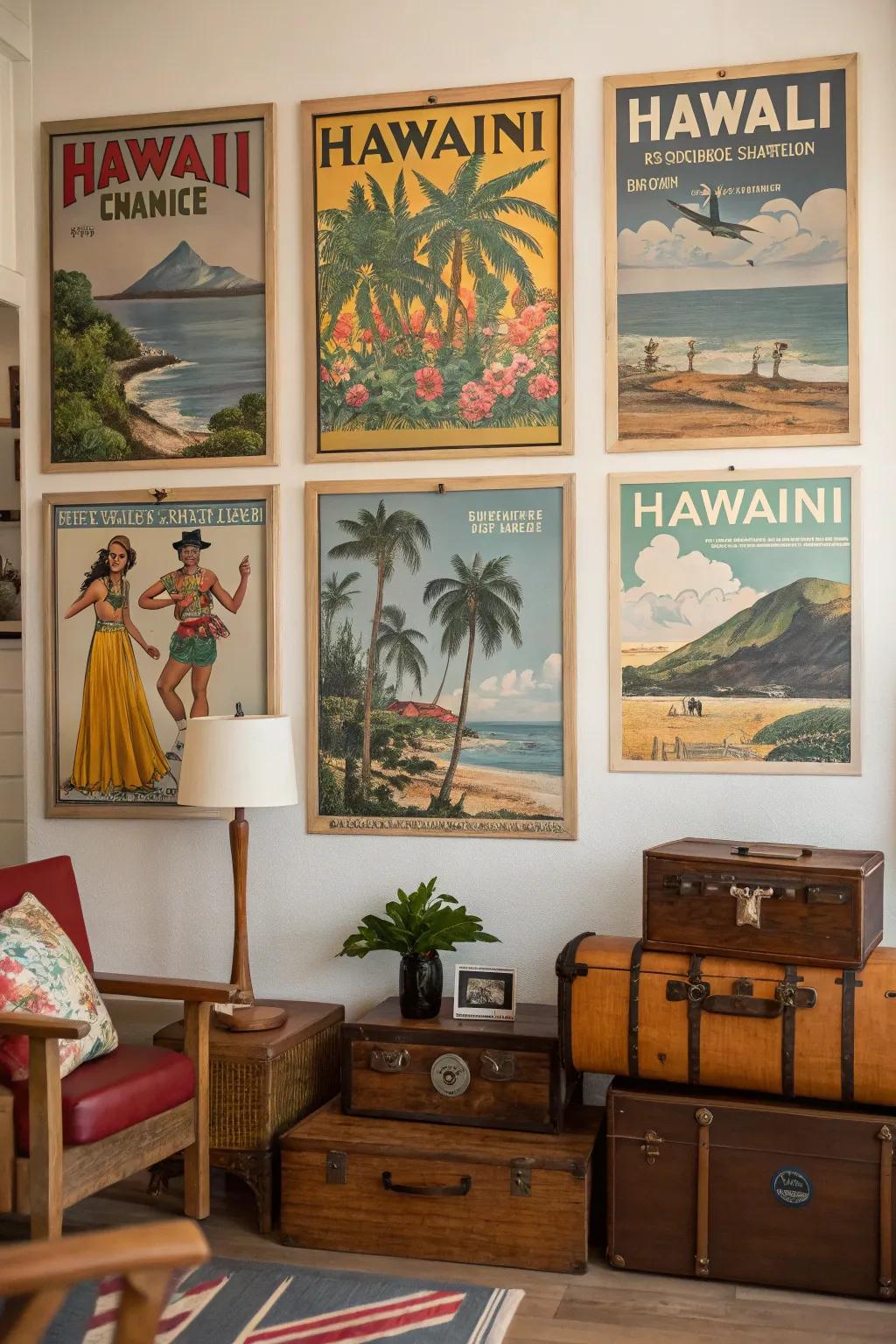 Vintage Hawaiian travel-themed posters arranged in a retro-themed room.