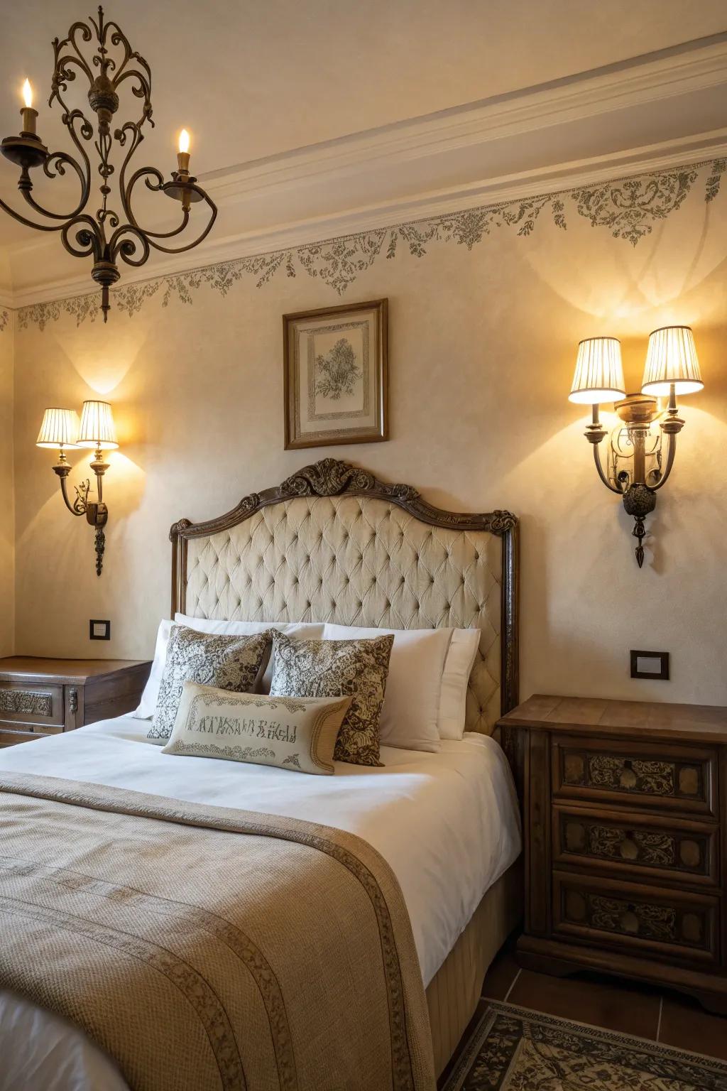 Vintage wall lights add charm and character to any bedroom.