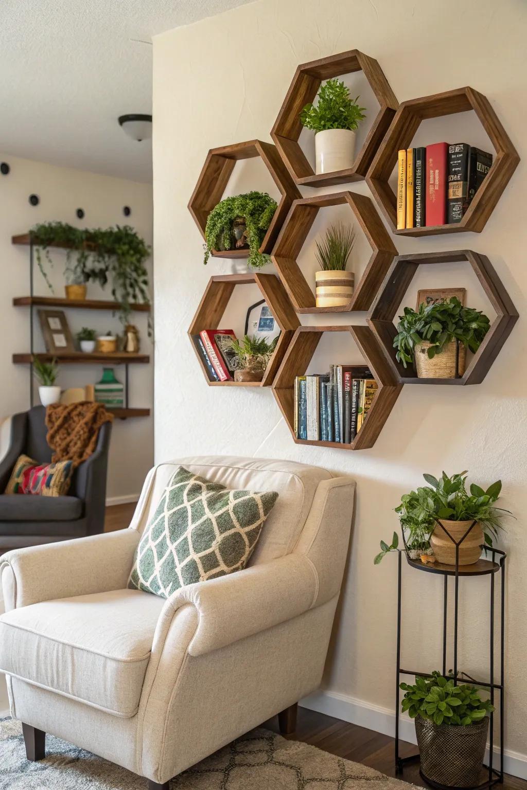 Honeycomb shelves offer both beauty and use.