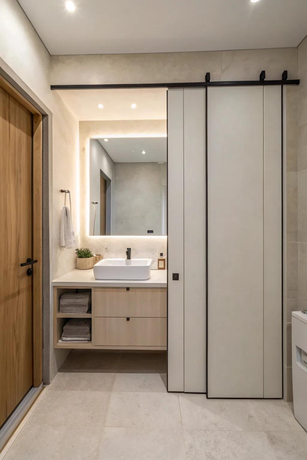 A sliding entrance revealing hidden storage within a minimalist restroom.