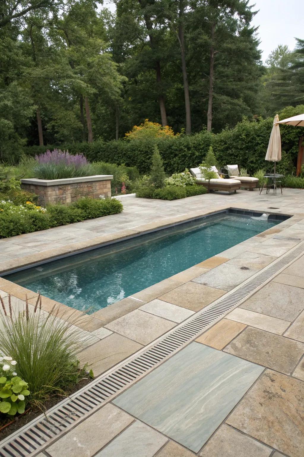 Natural stone pavers flawlessly incorporate concealed drains.