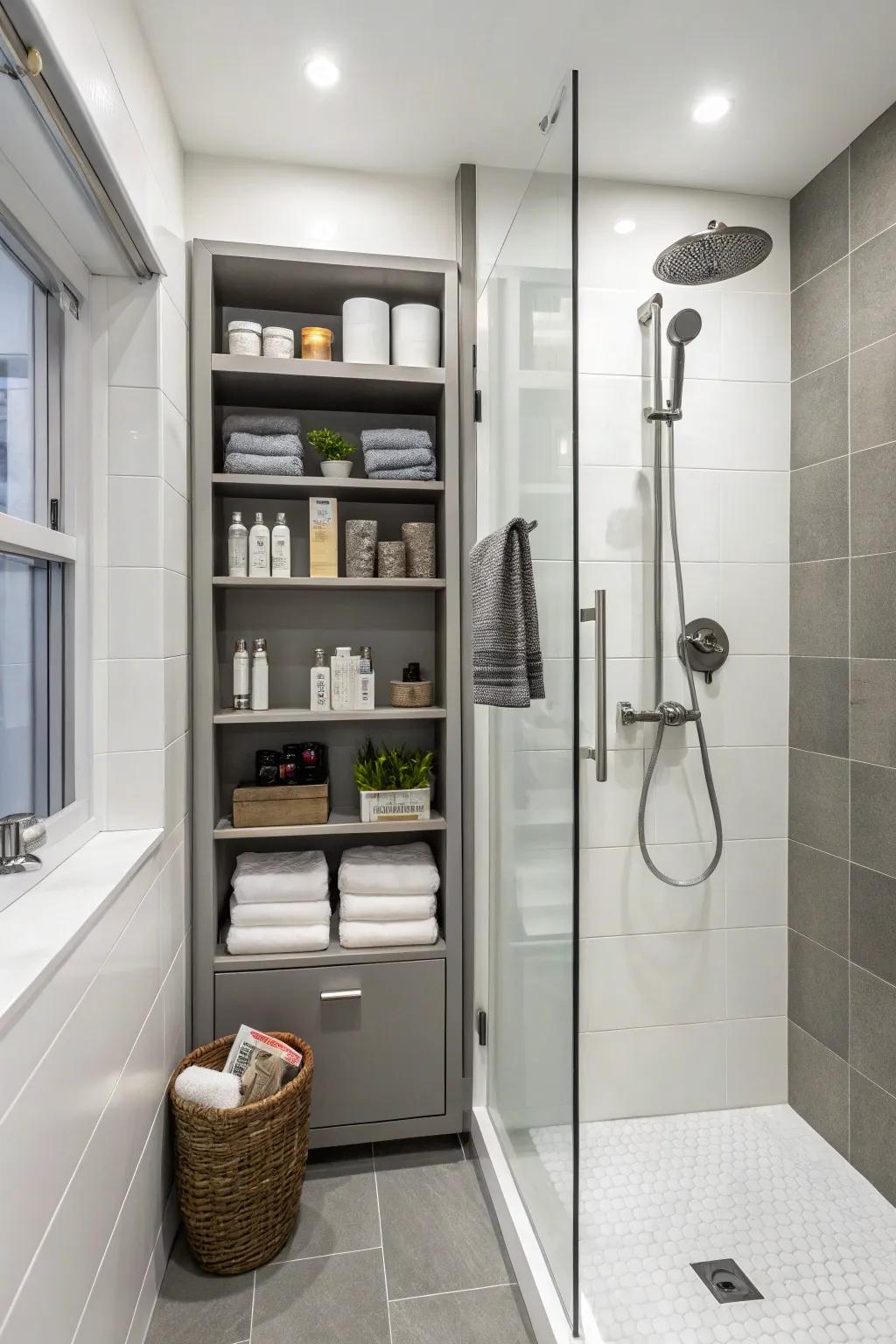 Built-in storerooms keep your bathing essentials discreetly tucked away.