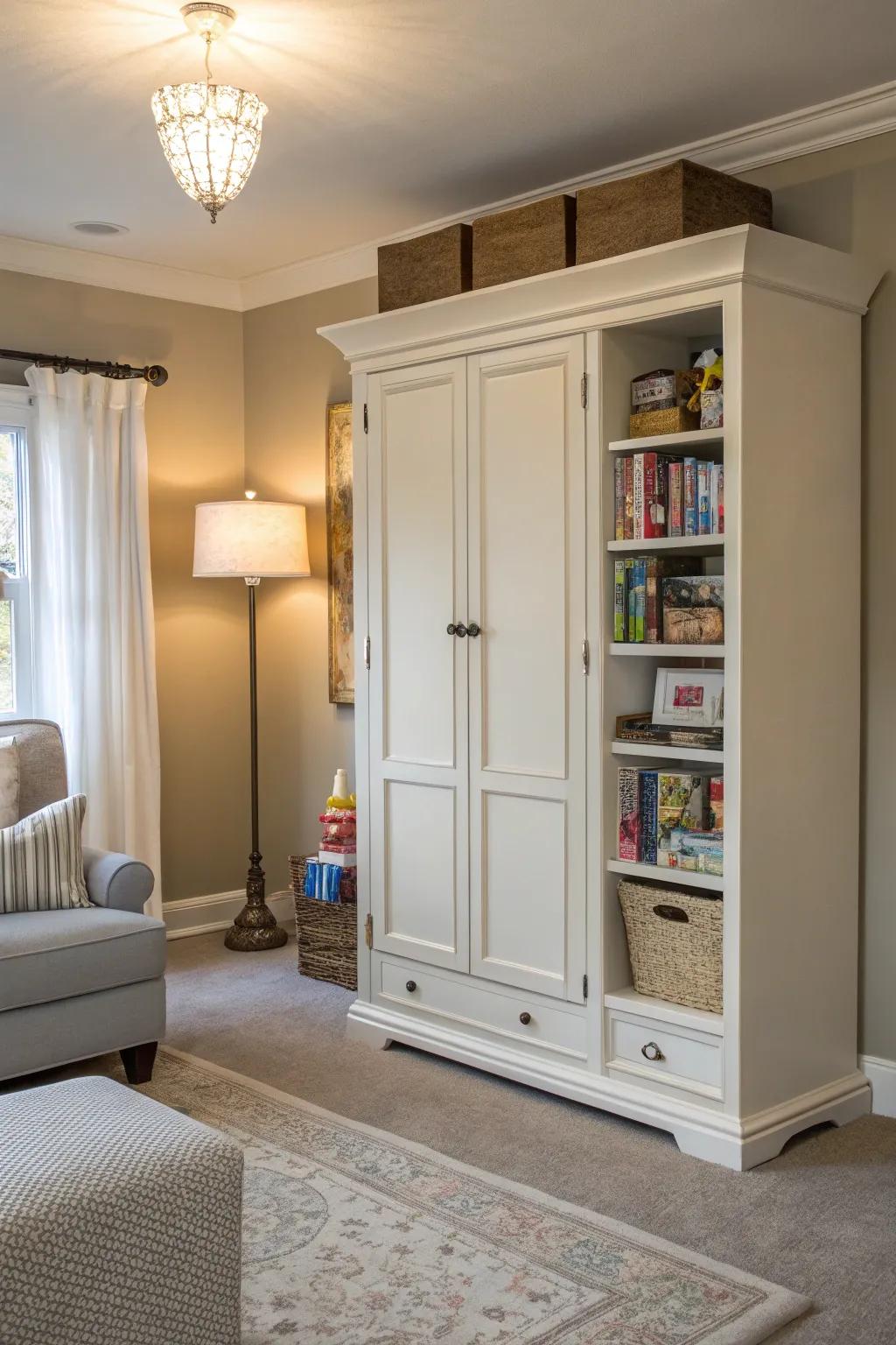 Armoires that keep toys hidden and rooms tidy.