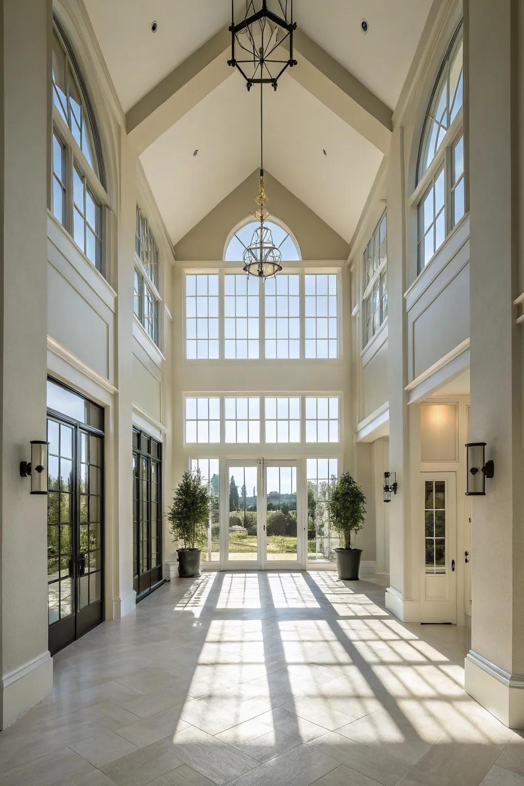 Expansive windows bathe the entryway in natural light.