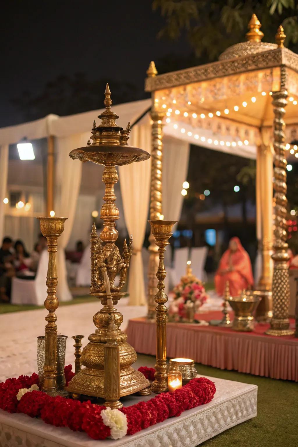 Traditional metallic accents adding cultural significance to the mandap.