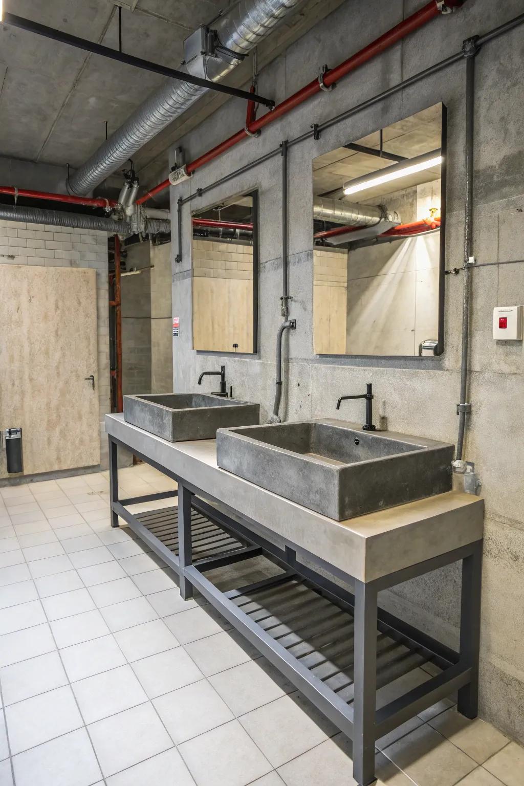 An urban bathroom with rugged design features.