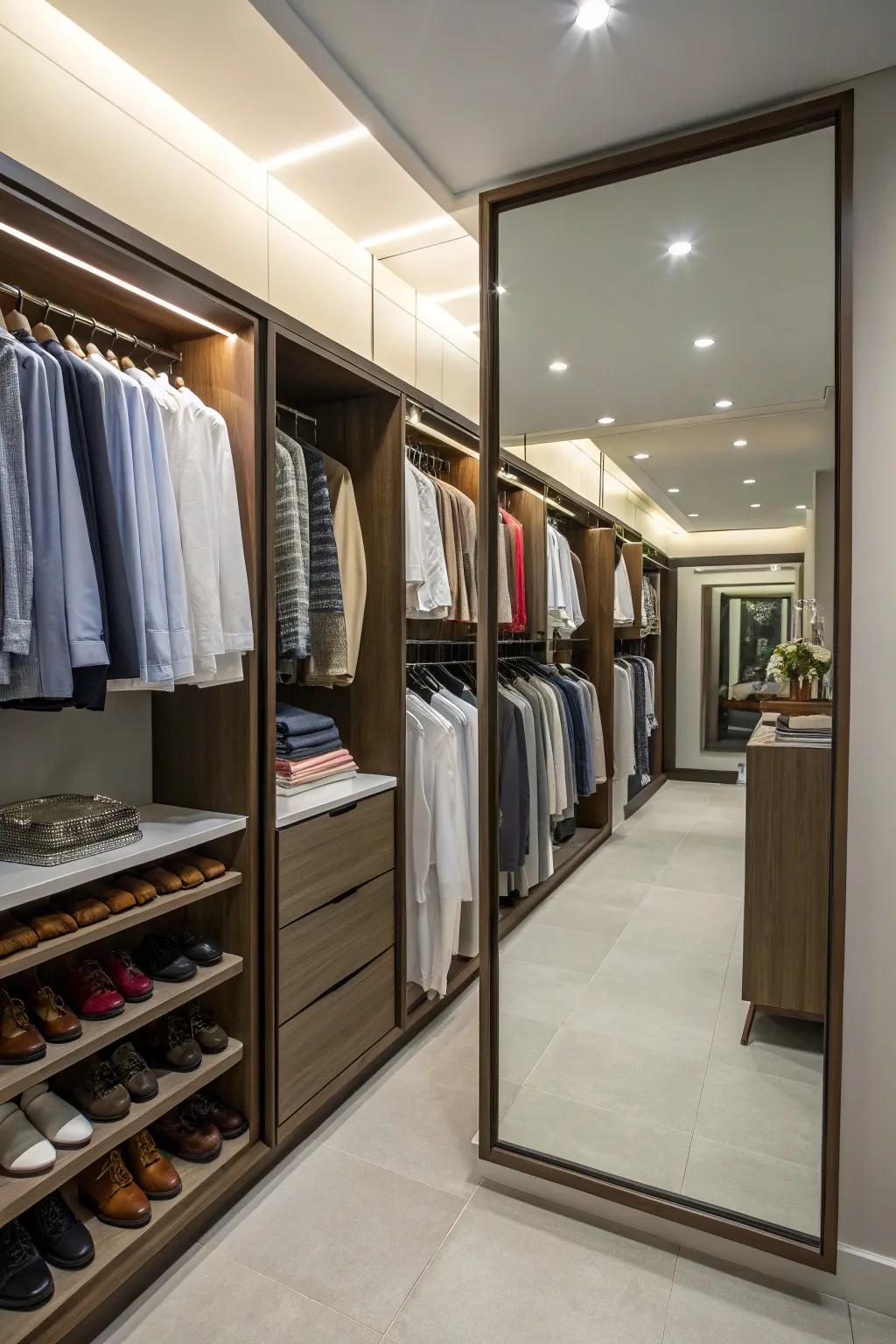 A full-length mirror enhances both space and utility in the closet.