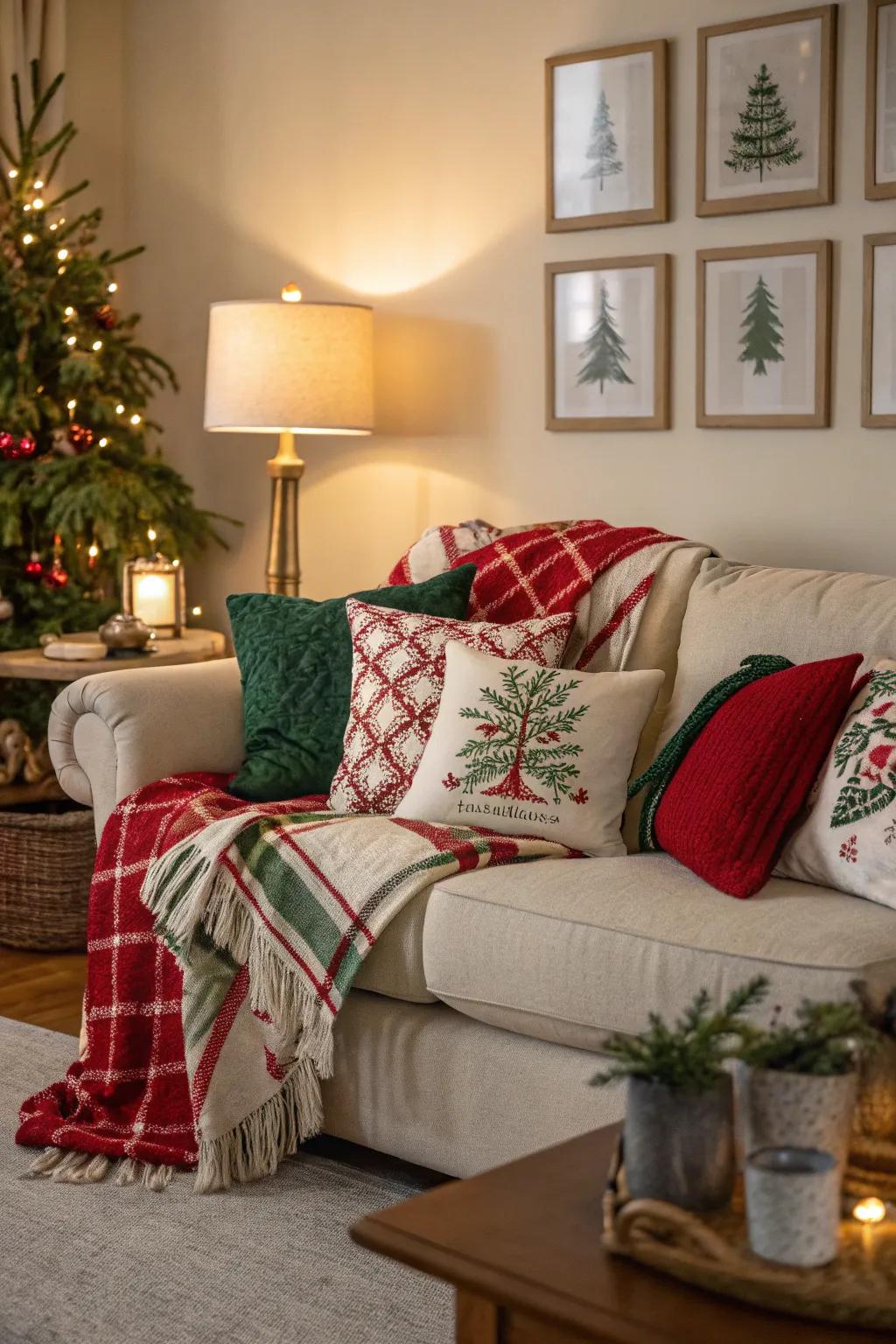 An inviting lounge imbued with festive enthusiasm via soft furnishings and throws.