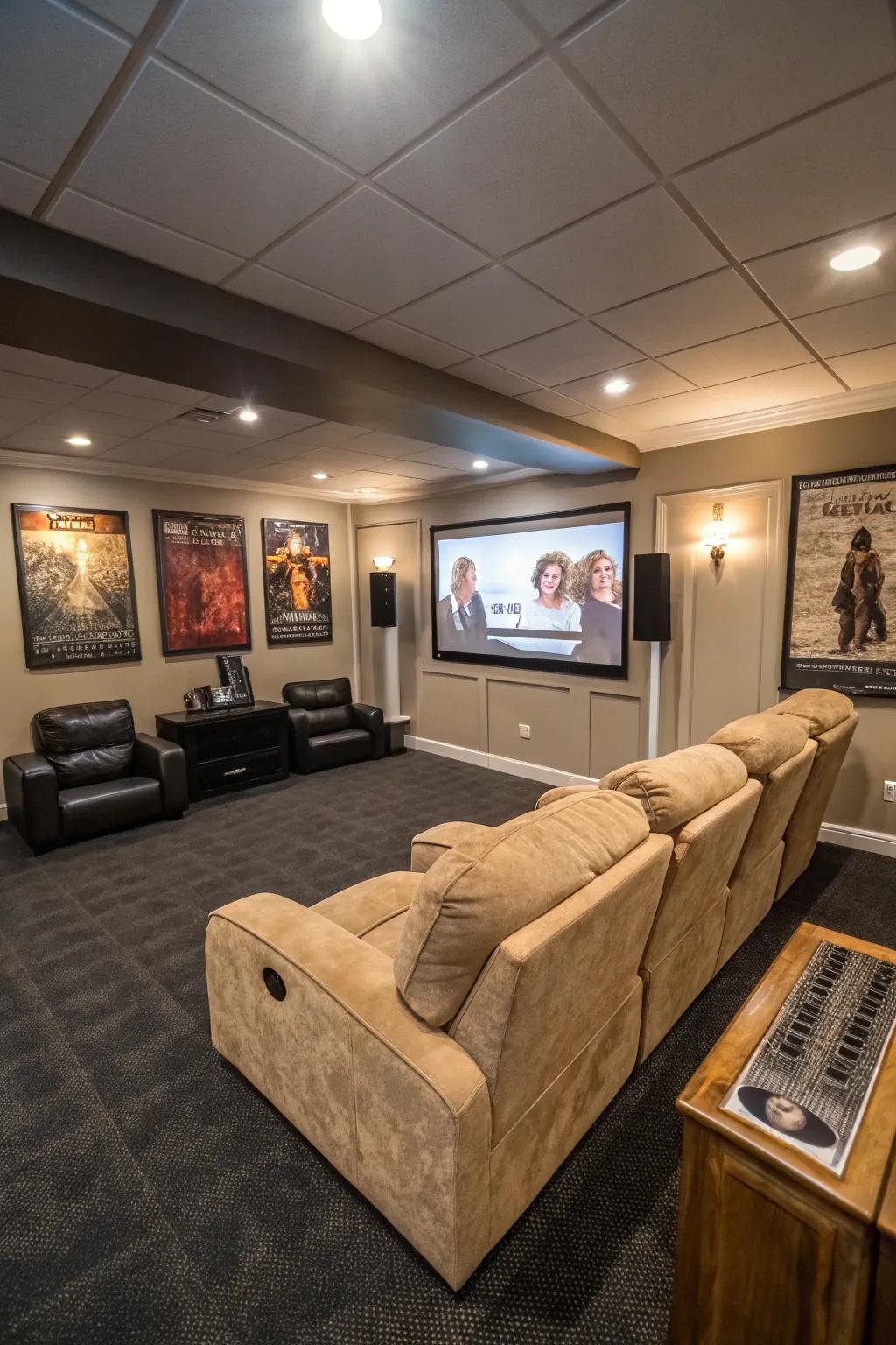 A finished basement remodeled into a home theater.