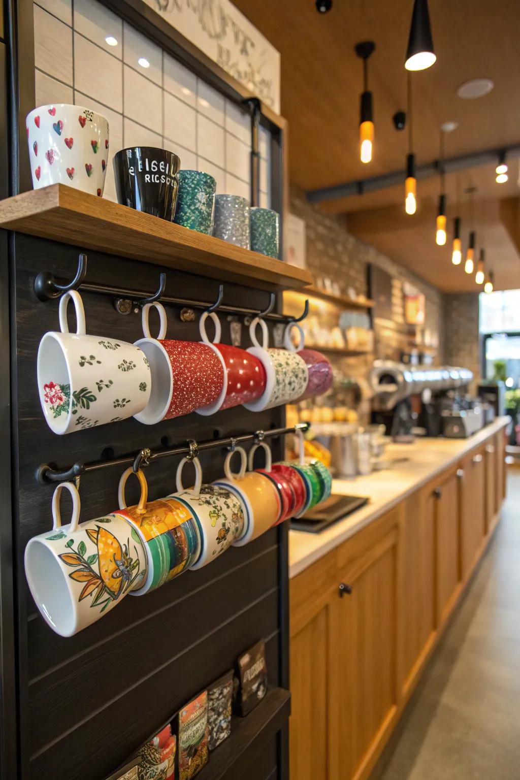 A mug display infuses personality and charm into your coffee spot.