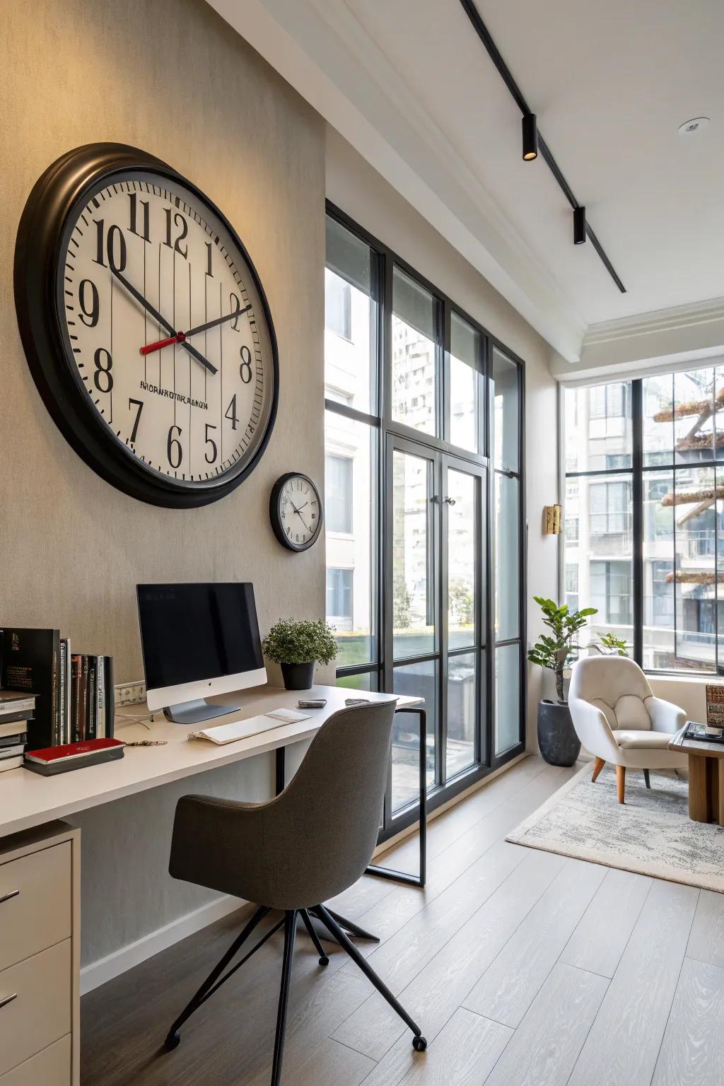 A modern wall clock that complements the contemporary style of a home office.