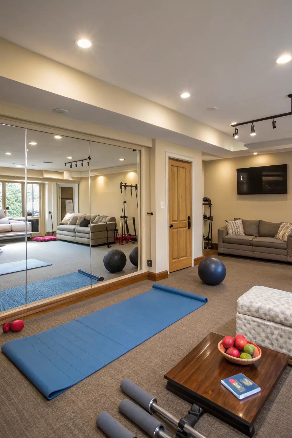 Mirrors help integrate this gym into a multipurpose room.