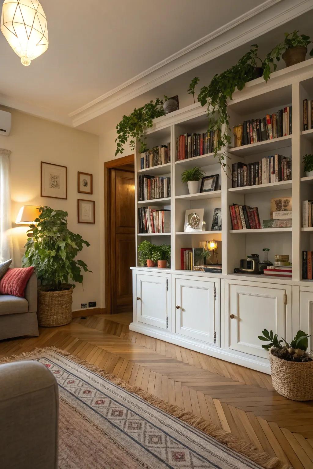 Integrated bookshelves bring a mix of charm and functionality to your living area.