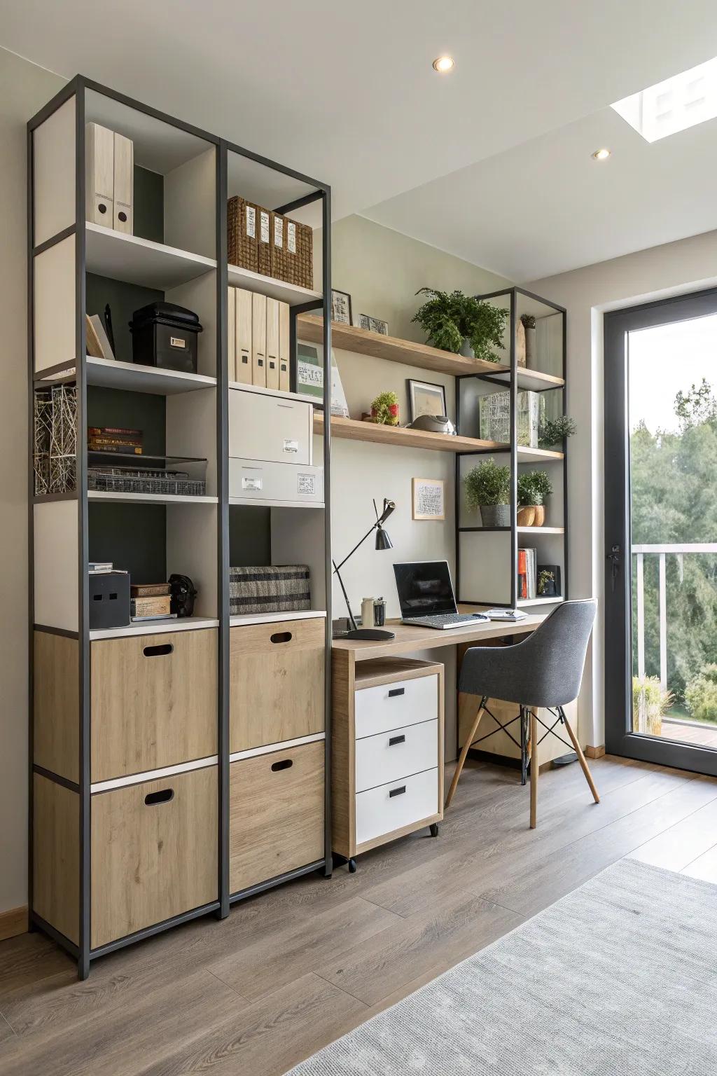 Adaptable shelving delivers customizable storage solutions.