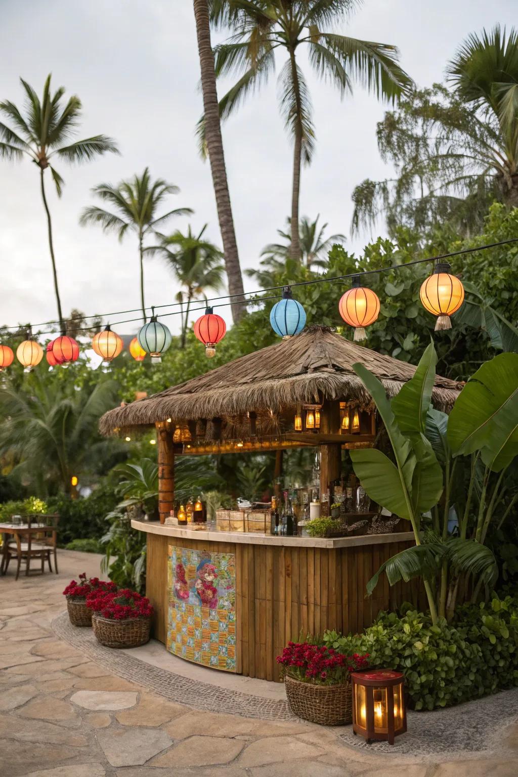 Lush vegetation complements the tropical theme.
