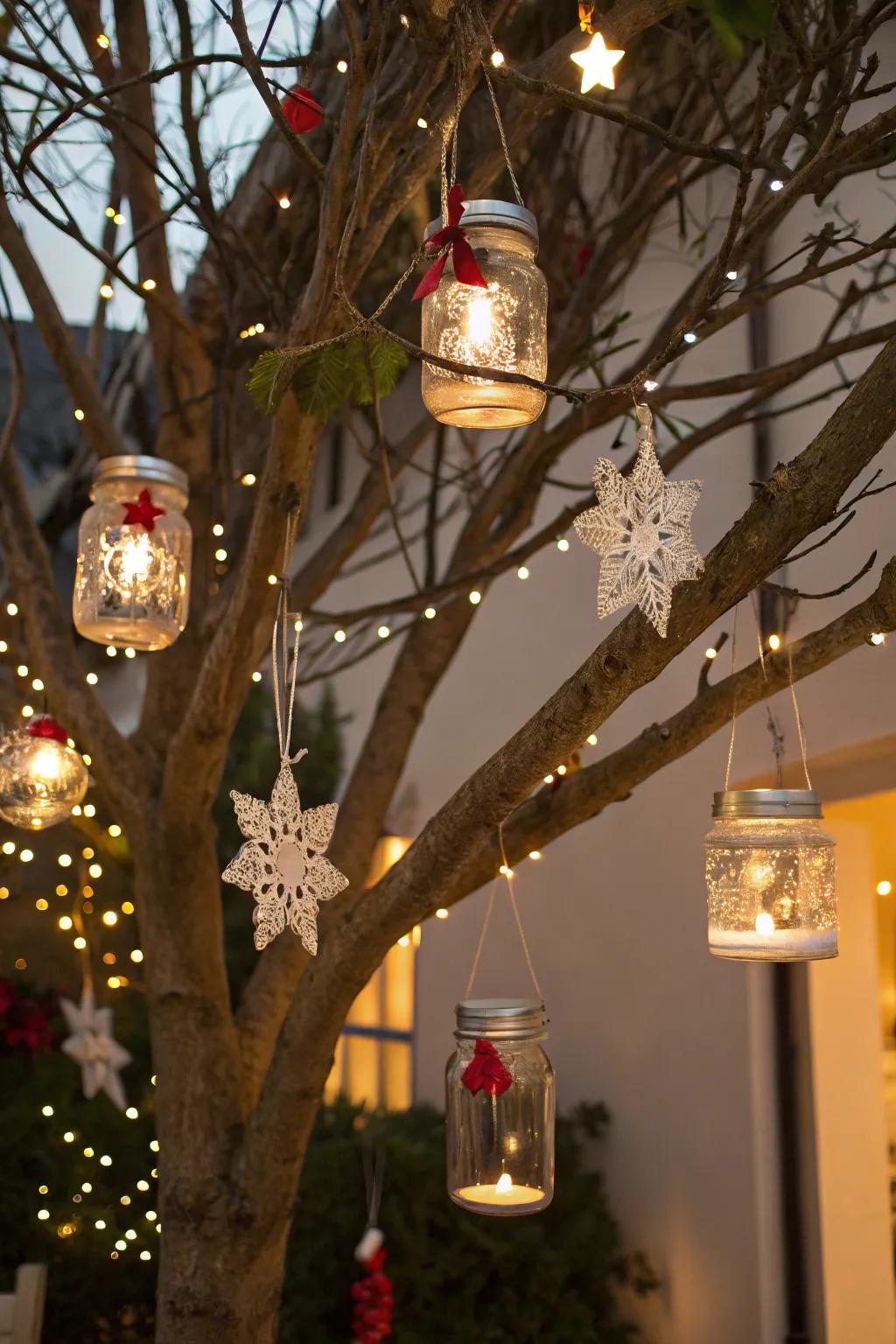 Illuminated preserving jar top adornments casting a comforting radiance on the festive tree.