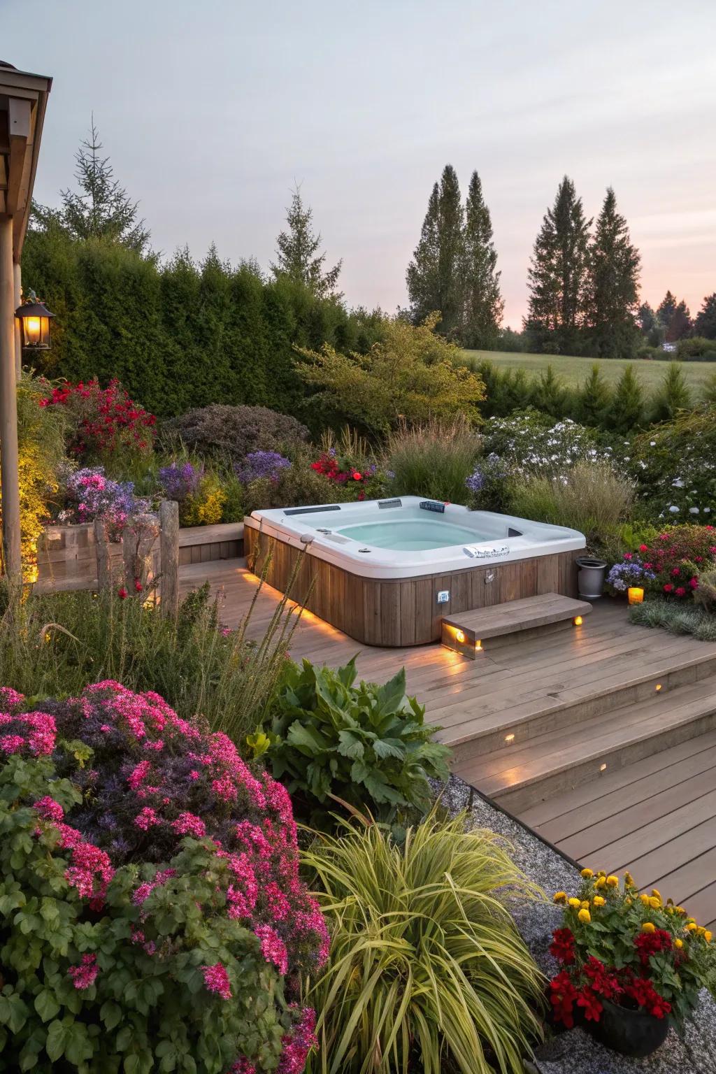 A garden oasis surrounding your hot tub enhances tranquility.