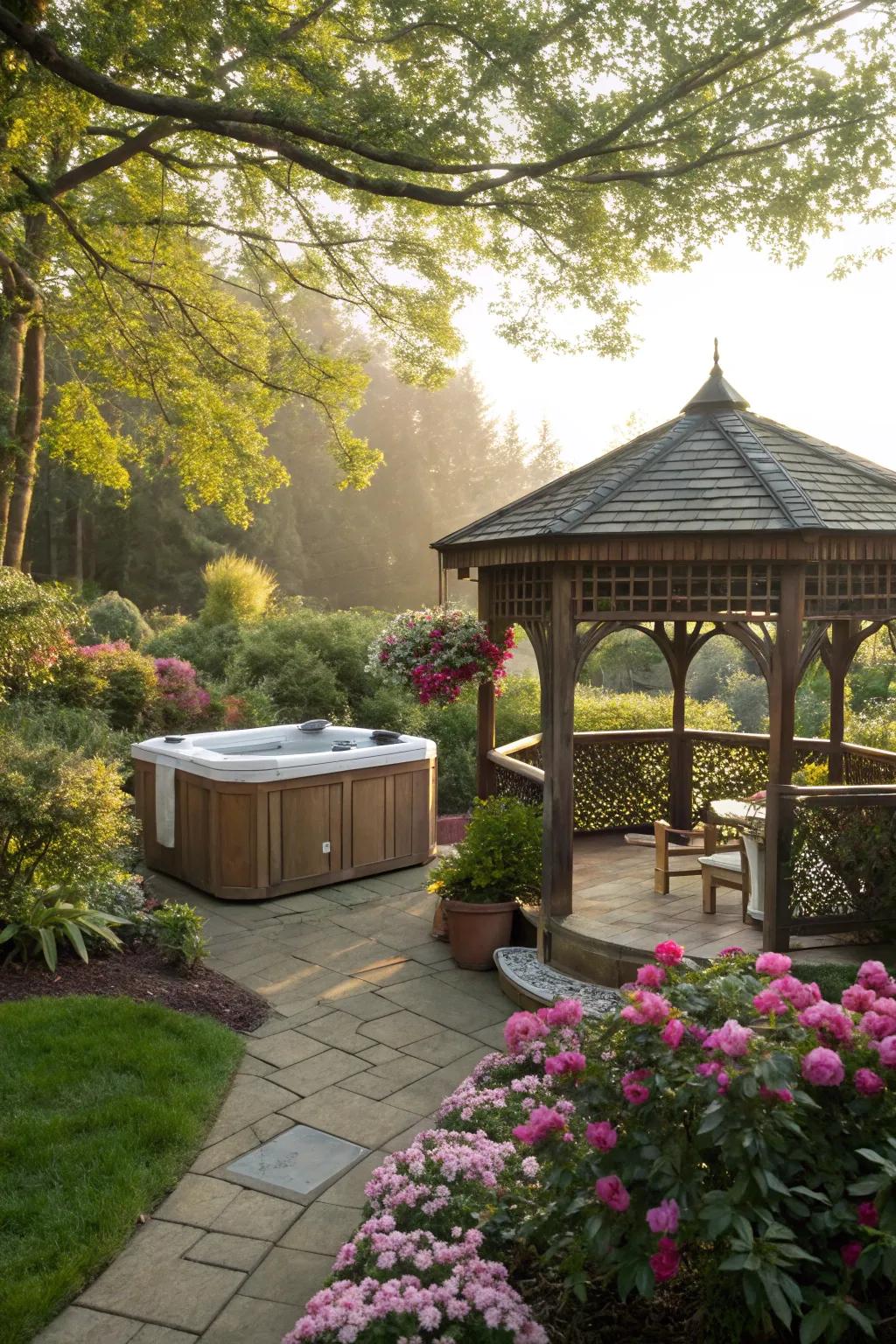 A gazebo harmoniously integrated with the natural environment.