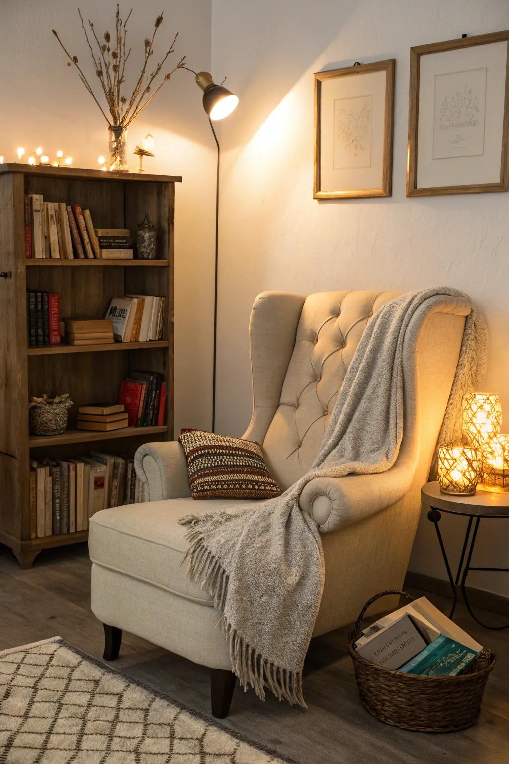 A snug reading nook perfect for unwinding with a beloved book.