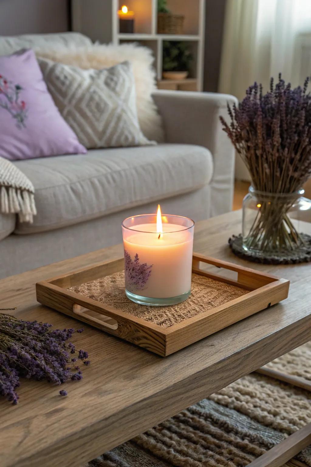 A calming lavender candle for a welcoming and cozy ambiance.
