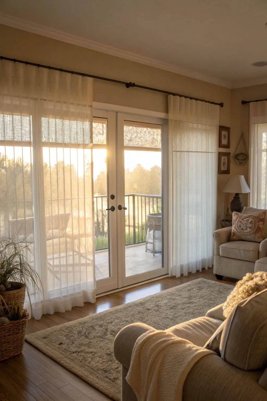 Sheer blinds offer a soft, diffused light.