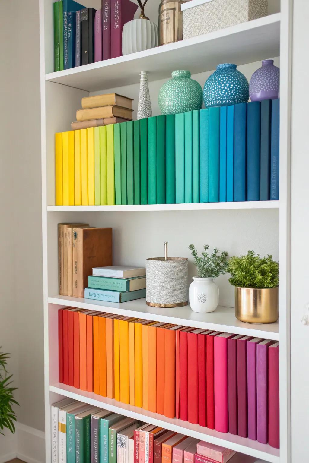Color-coordinated bookshelf with harmonious decor.