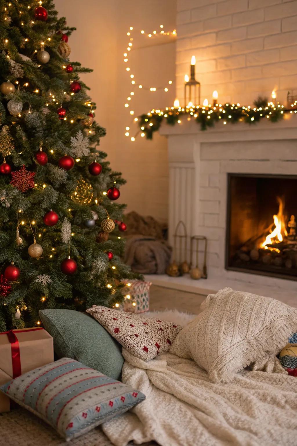 A cozy Christmas tree arrangement by the fireplace, perfect for warm holiday gatherings.