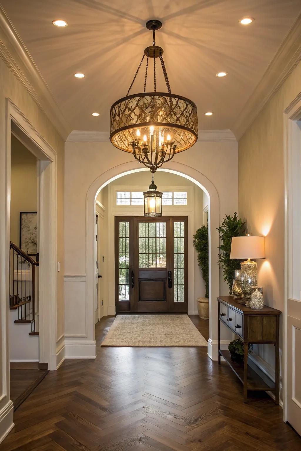 A statement lighting fixture uplifts the ambiance of the entryway.