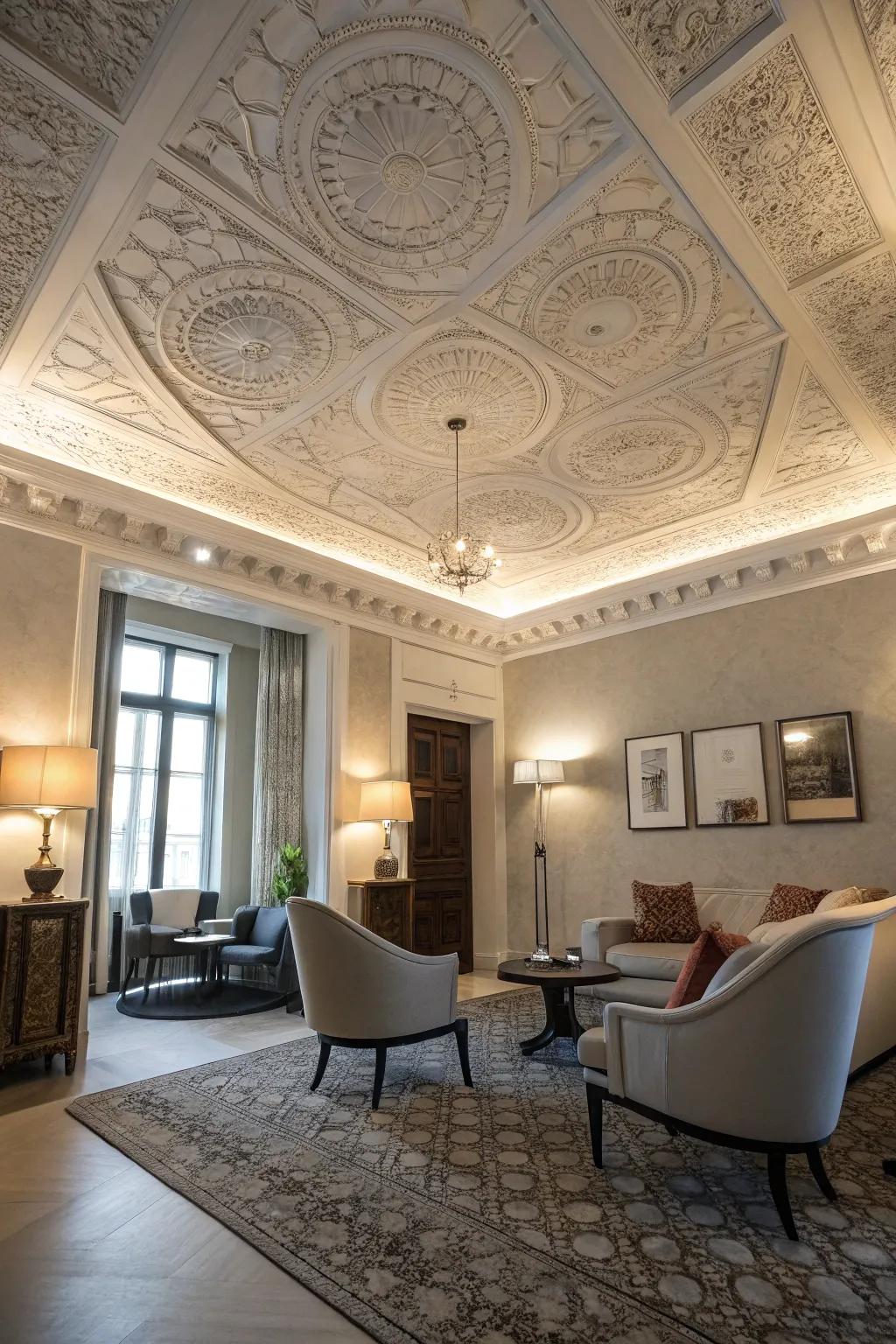 A fashionable room showcasing a beautifully textured coating roof.