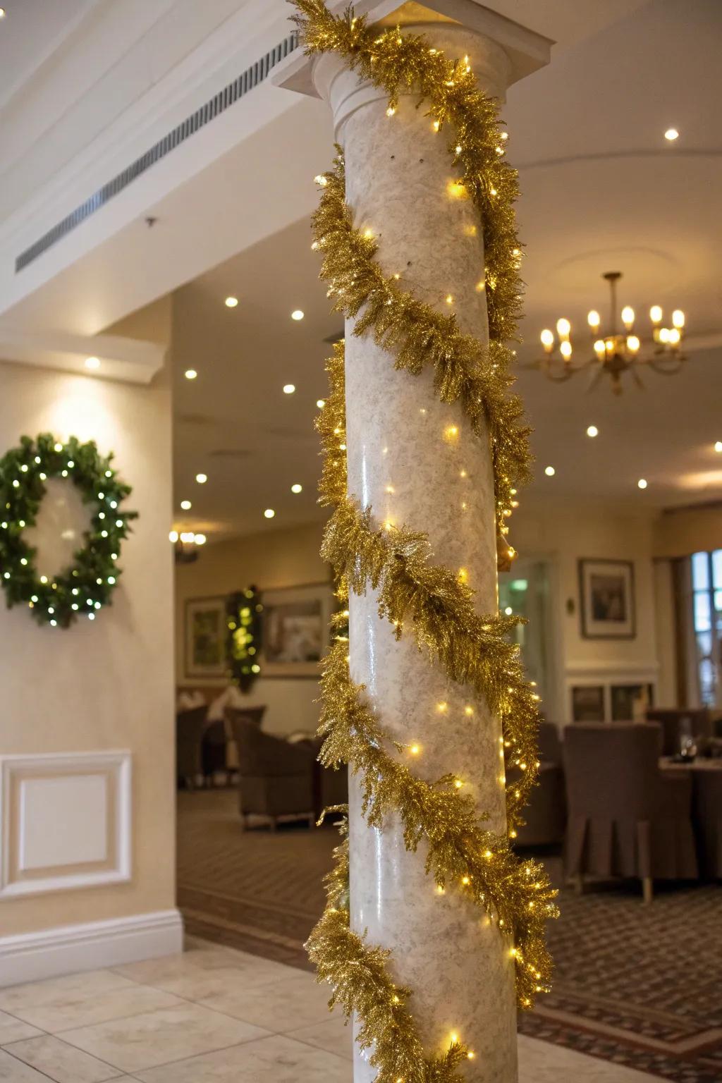 A pillar coiled with shimmering golden sparkle ribbon.