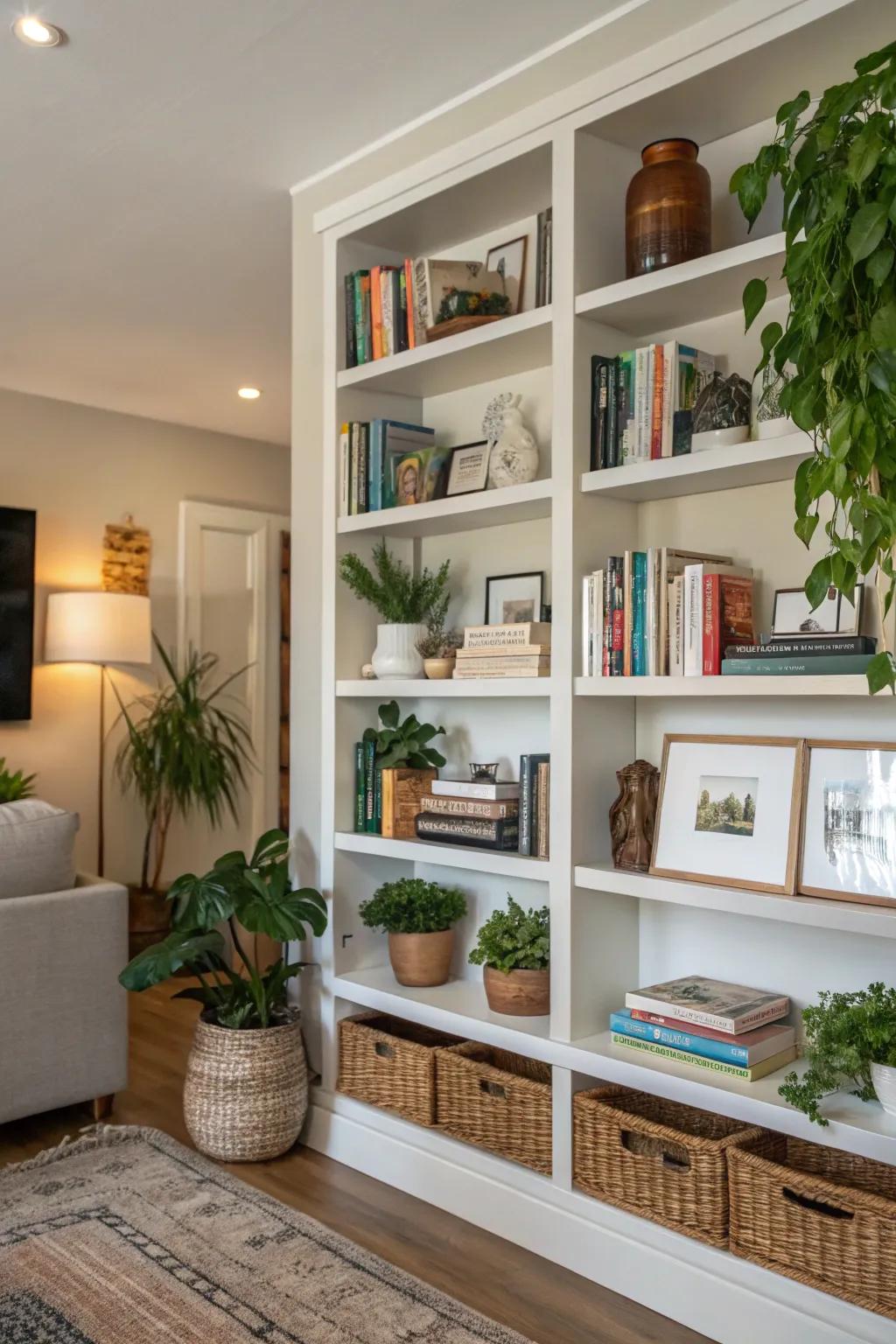 Open shelves deliver an elegant avenue for presenting your preferred decorative pieces.