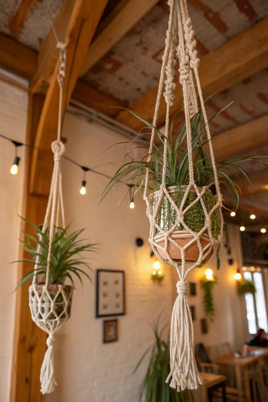 Air plants showcased in textile weave holders, embodying a bohemian sentiment.