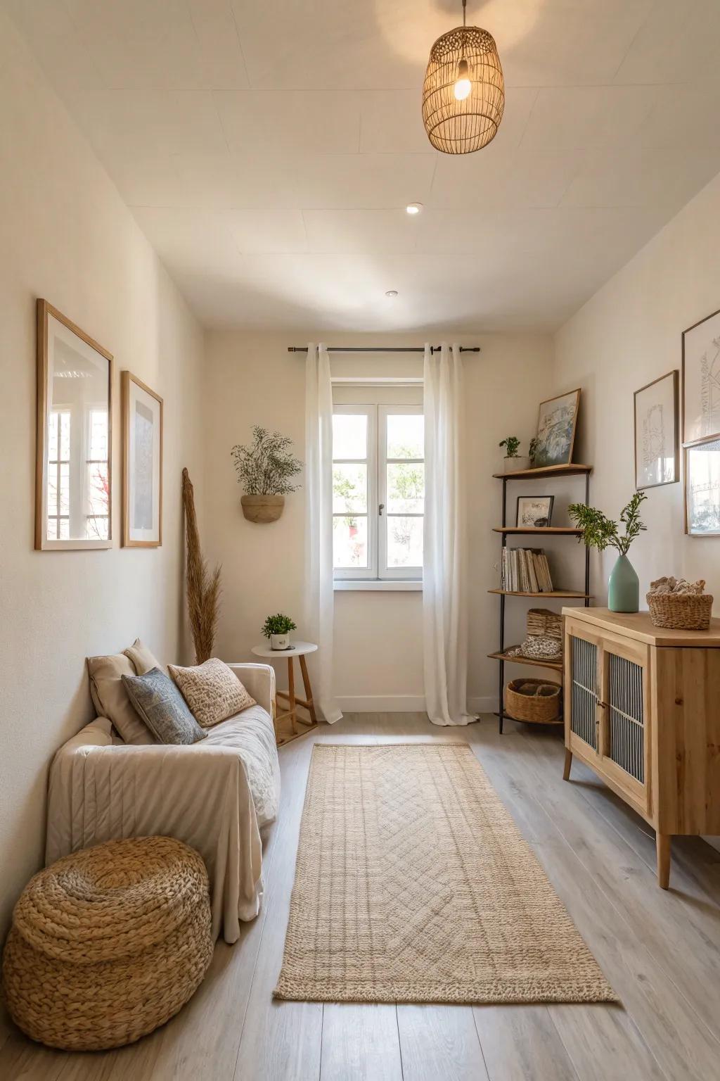 A compact room that seems larger thanks to its light-colored walls.