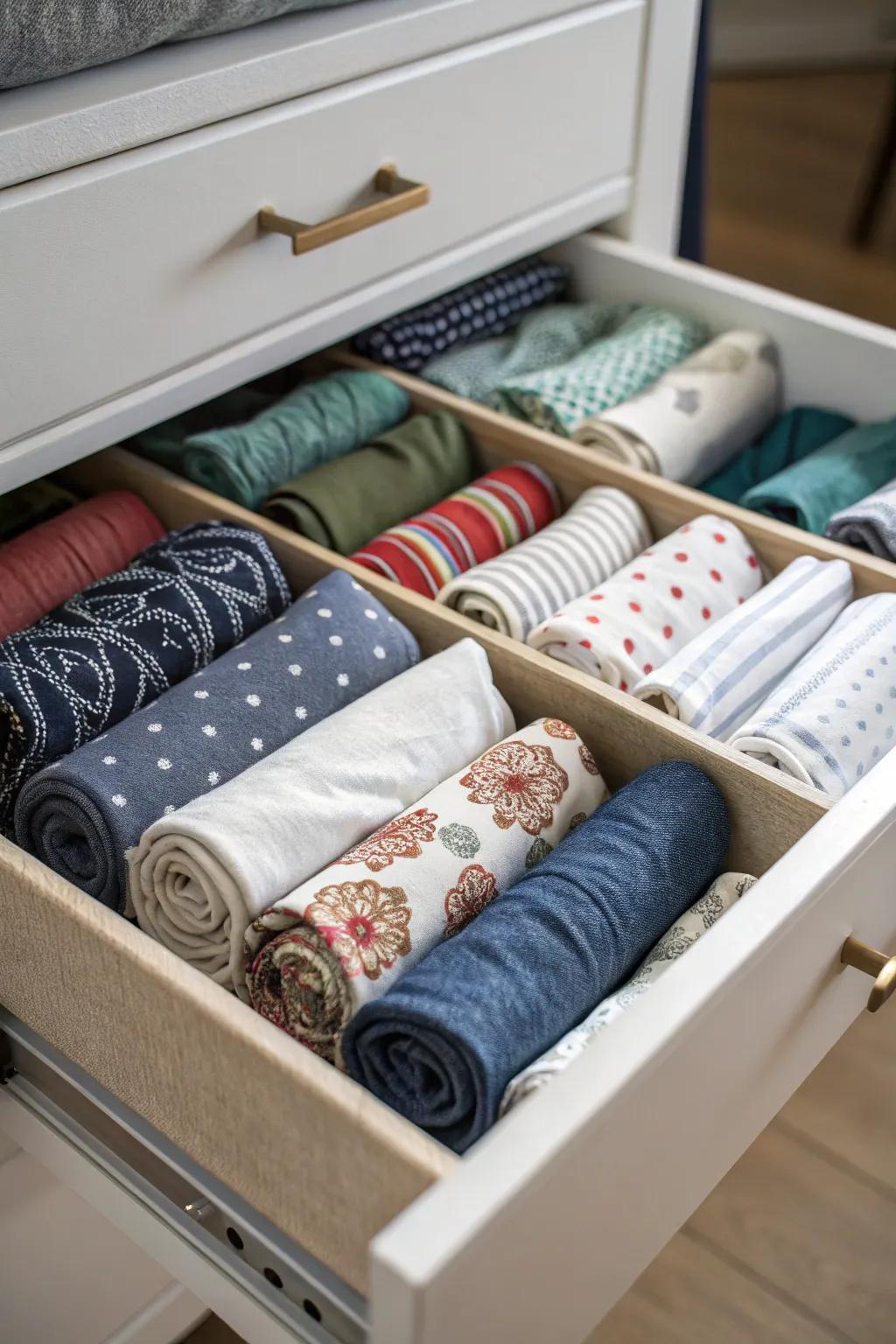 Rolled clothing items for maximizing drawer space and minimizing wrinkles.