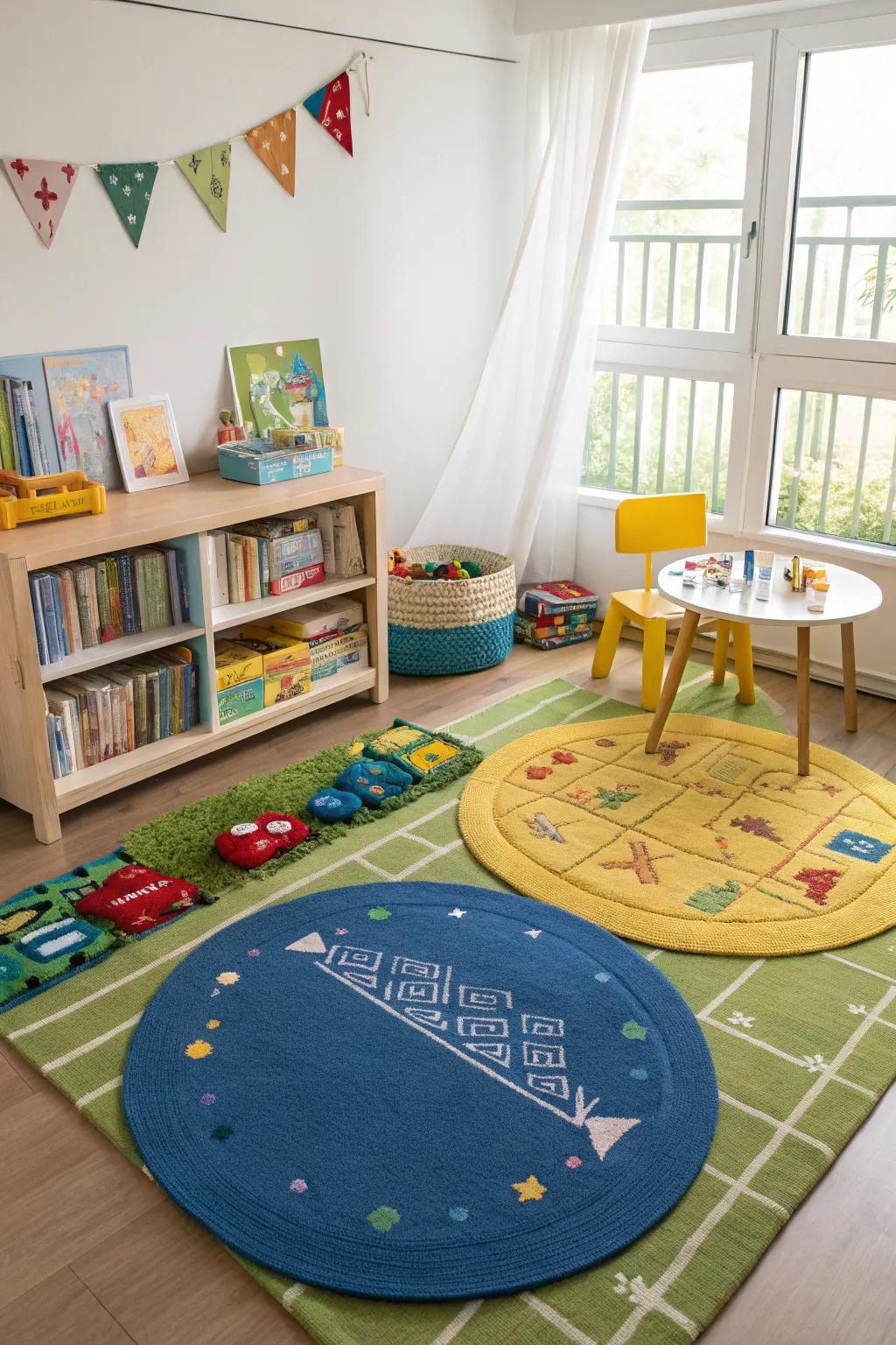 Rugs define zones for different activities in a child's room.