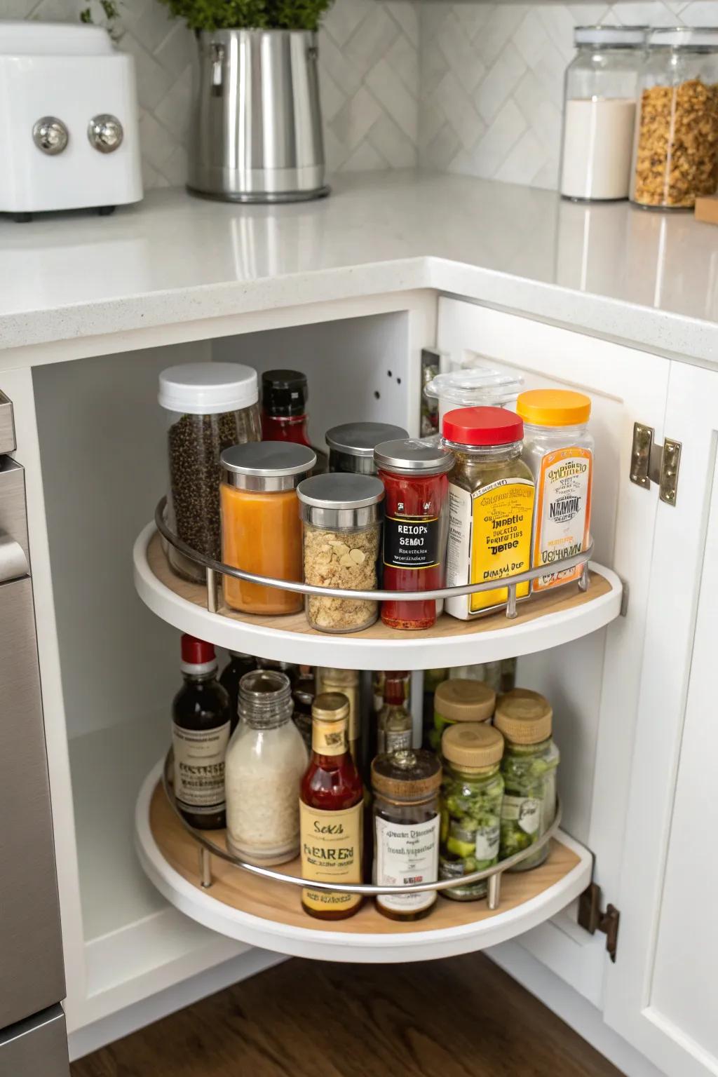 A spinner enhances the reachability of items in deep cabinets.