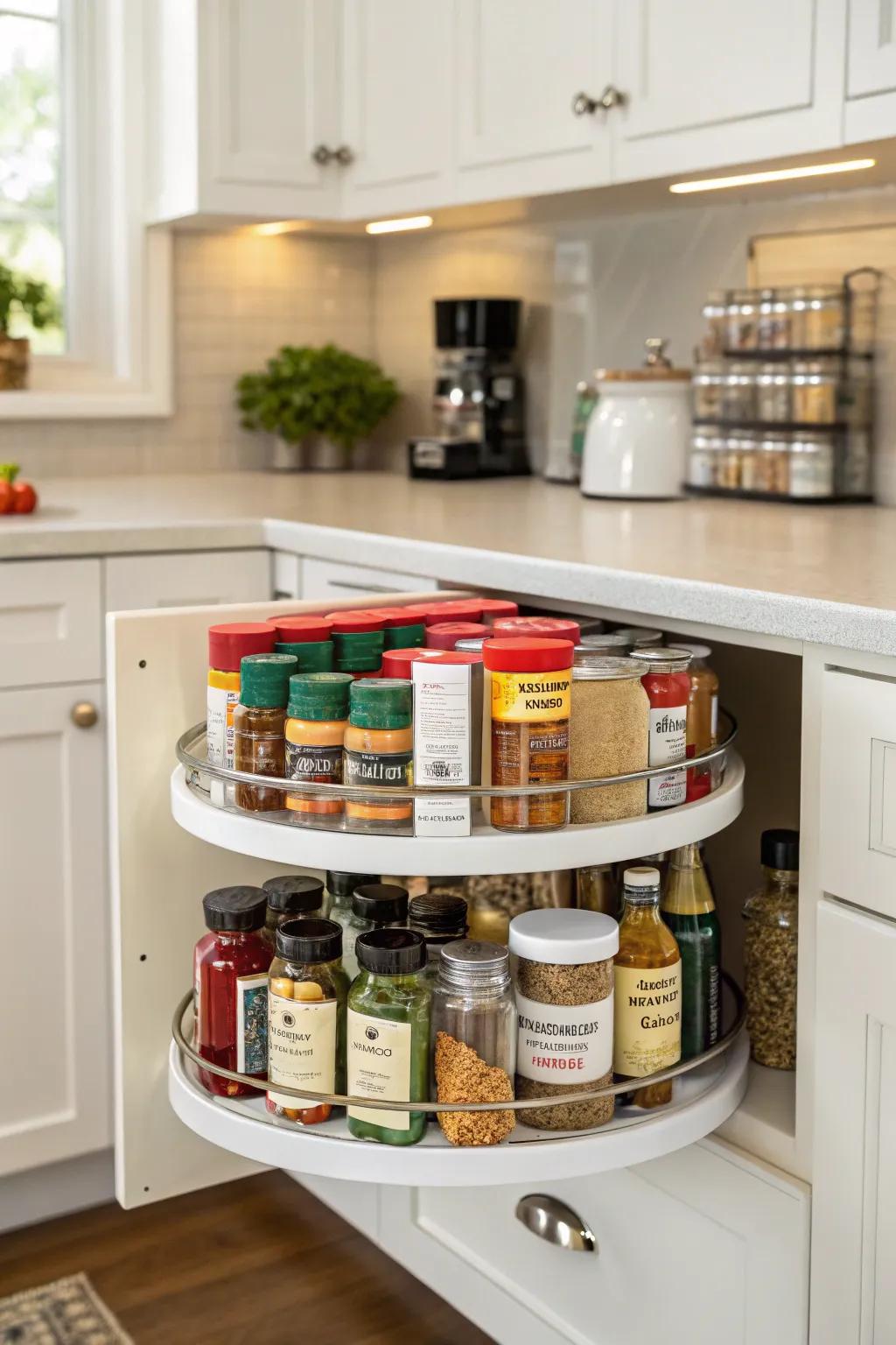 A swivel tray brings your spices within easy grasp.