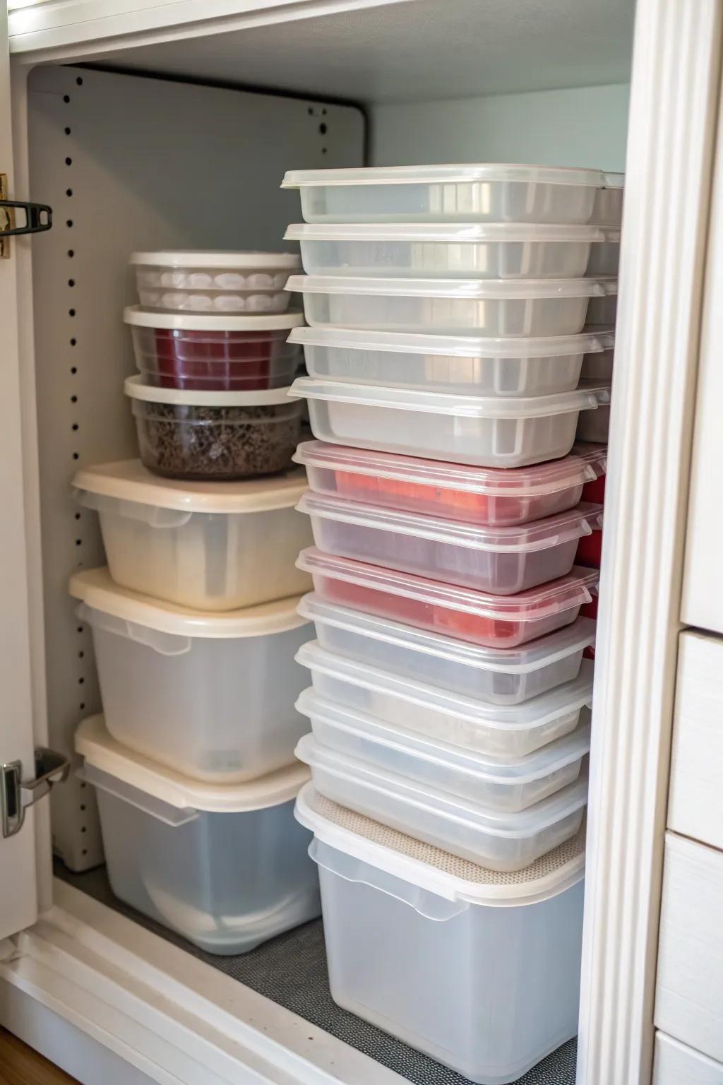 Plastic containers nested and neatly stored in a cabinet.
