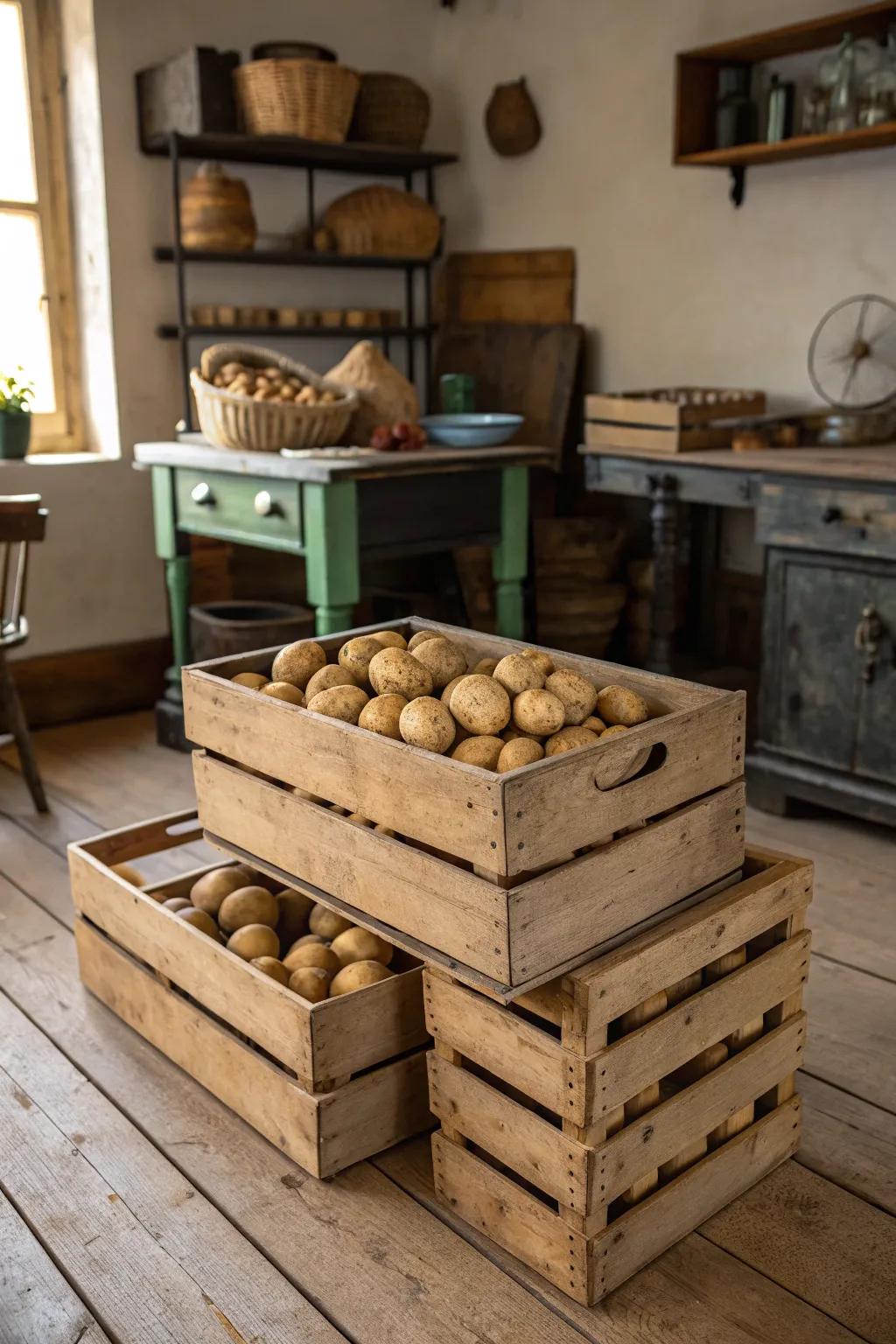 Farmhouse charm with wood crates for spud arrangement.