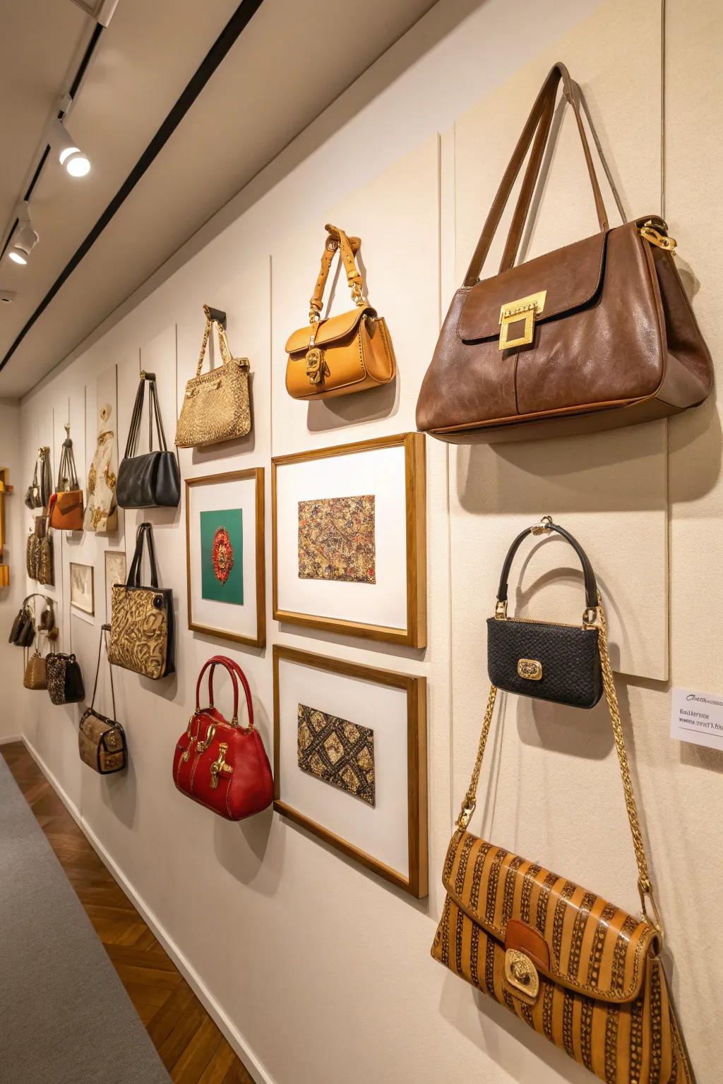A creative wall display using handbags as stylish art.