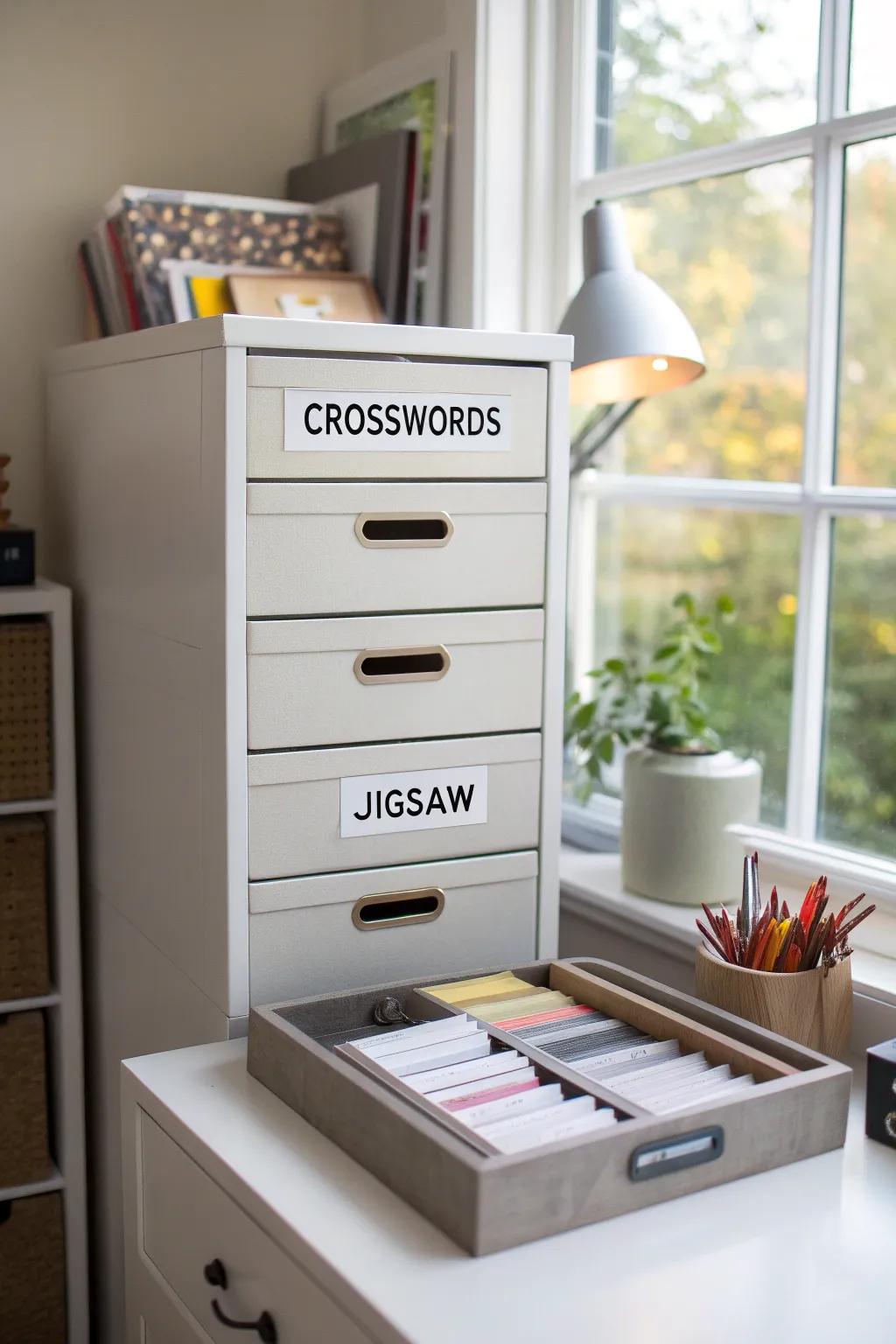 Drawer units used for categorized puzzle storage.